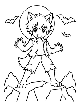Free printable Cute Anime Werewolf Boy On Cliff coloring page