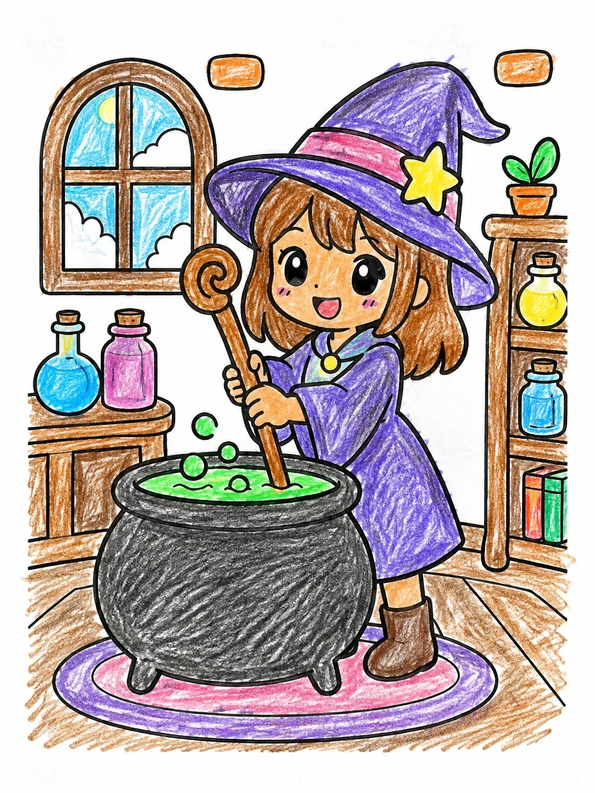 Colored example of the Cute Anime Witch Stirring Cauldron coloring page