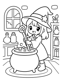 A cheerful little girl mixes potions in this cute anime witch coloring page.