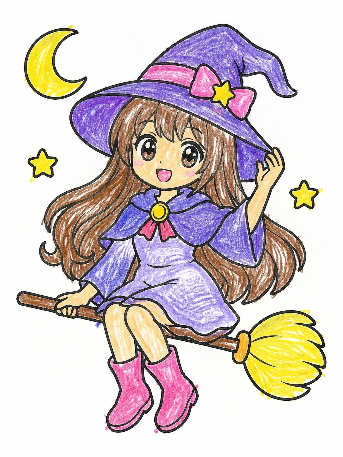 Colored example of the Cute Anime Witch Riding Broomstick coloring page