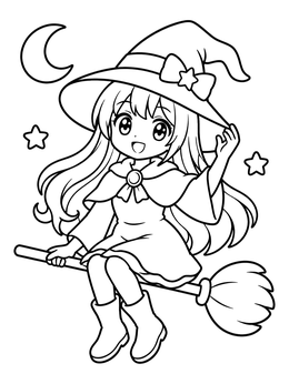 Free printable Cute Anime Witch Riding Broomstick coloring page