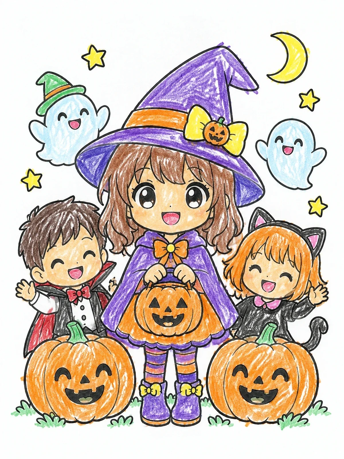 Colored example of the Cute Anime Witch And Halloween Friends coloring page