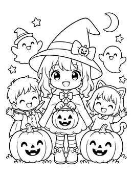 Free printable Cute Anime Witch And Halloween Friends coloring page