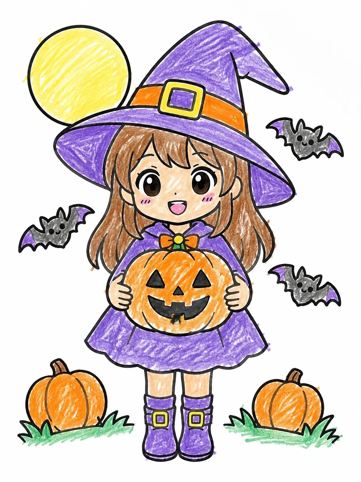 Colored example of the Cute Anime Witch With Jack O' Lantern coloring page