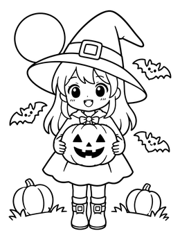 Free printable Cute Anime Witch With Jack O' Lantern coloring page