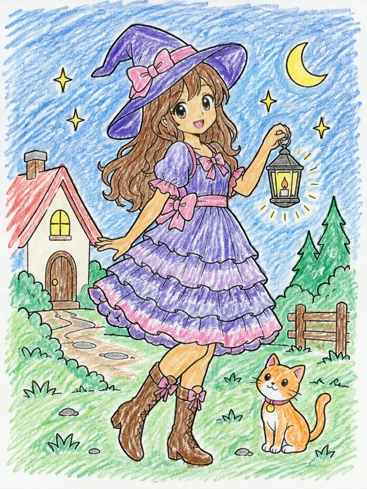Colored example of the Cute Anime Witch With Lantern And Cat coloring page