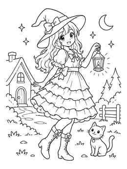 Free printable Cute Anime Witch With Lantern And Cat coloring page
