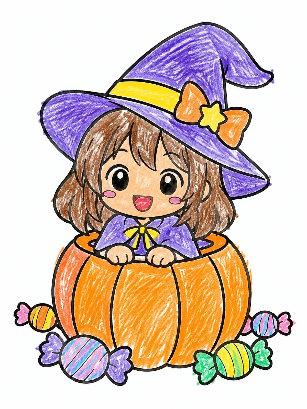 Colored example of the Cute Anime Witch In Pumpkin coloring page