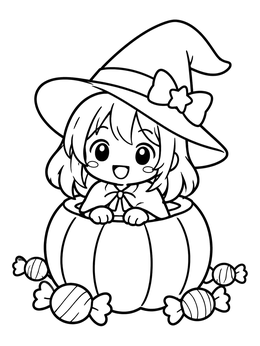 Free printable Cute Anime Witch In Pumpkin coloring page