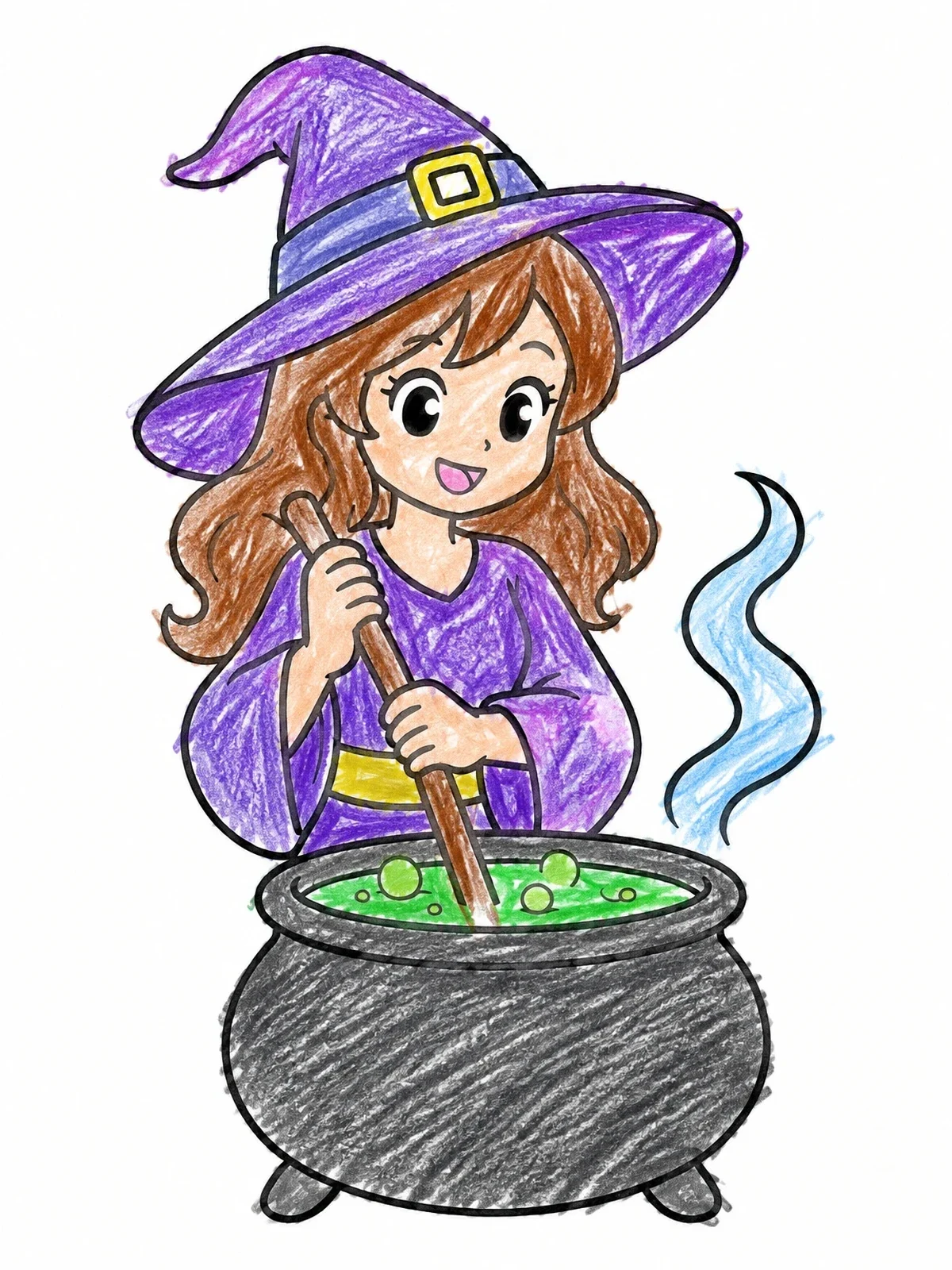 Colored example of the Cute Anime Witch Stirring Cauldron coloring page