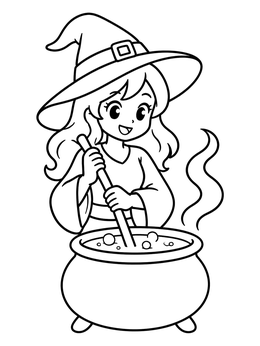 Free printable Cute Anime Witch Stirring Cauldron coloring page