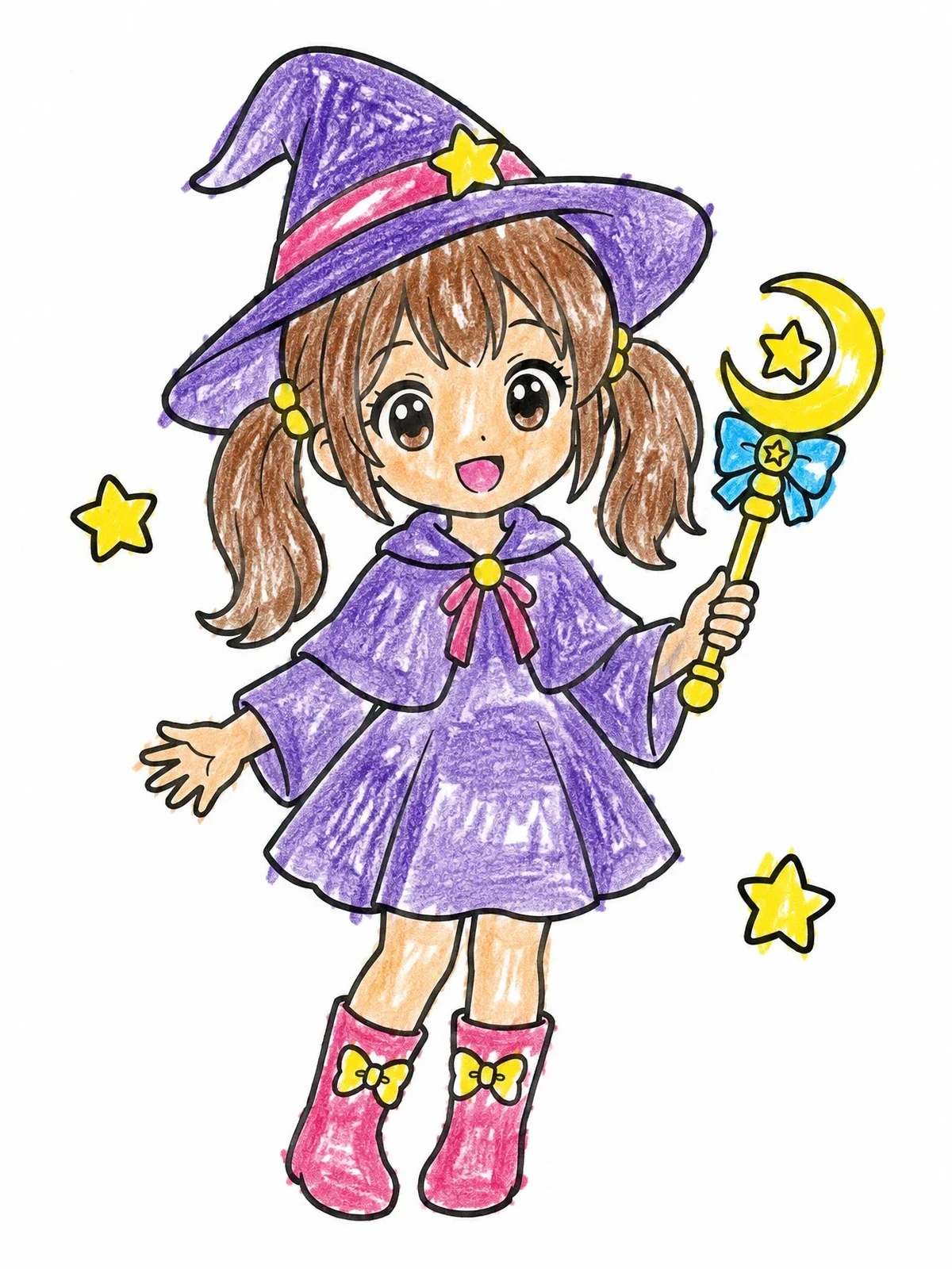 Colored example of the Cute Anime Witch With Wand coloring page