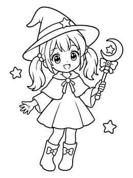 Free printable Cute Anime Witch With Wand coloring page