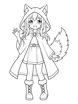 A cheerful anime girl coloring page featuring a wolf girl waving in a cozy hooded cloak with a fluffy tail.