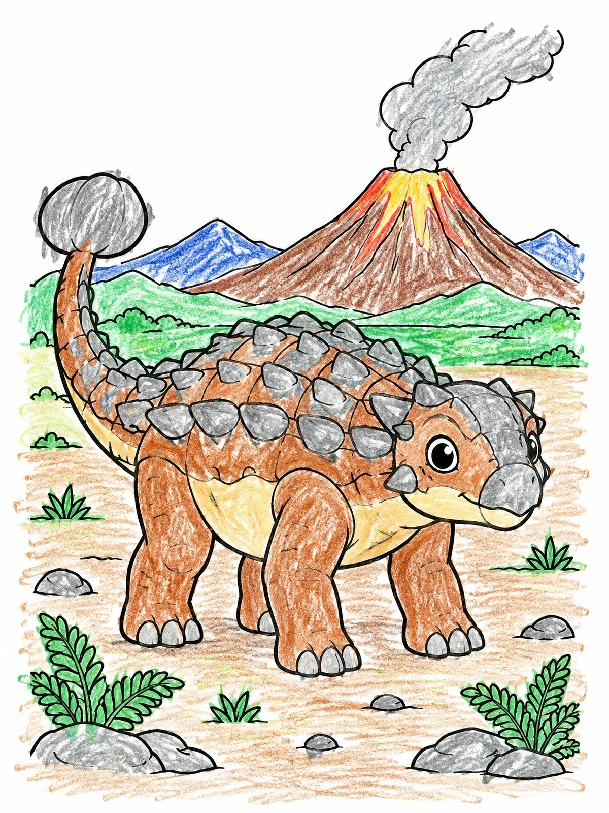 Colored example of the Cute Ankylosaurus Near An Active Volcano coloring page