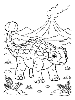 A friendly ankylosaurus coloring page with a smoking volcano and prehistoric landscape.