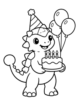 A cheerful baby ankylosaurus coloring page featuring a birthday cake and balloons.