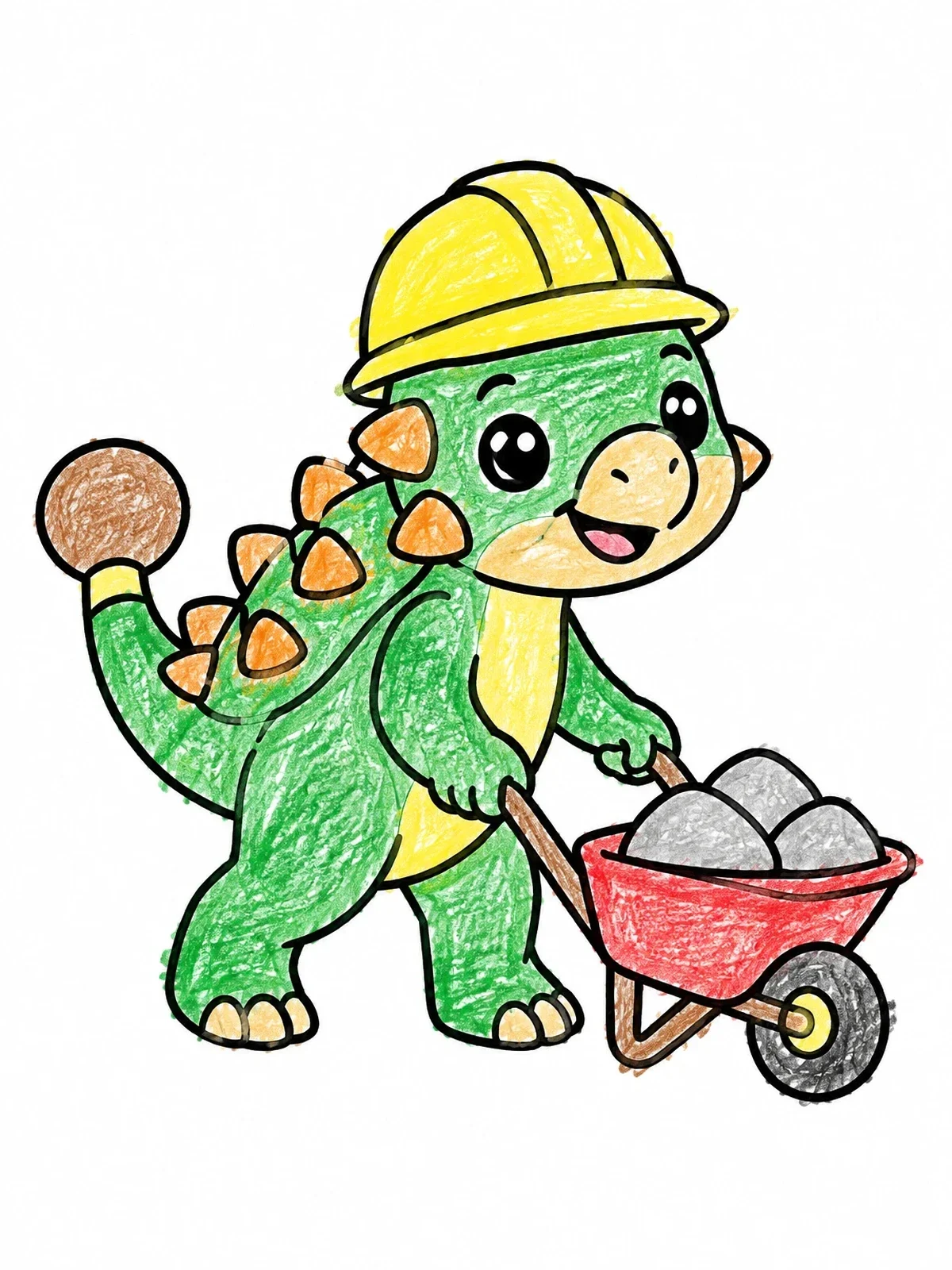 Colored example of the Cute Ankylosaurus Builder With Wheelbarrow coloring page