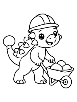 A cheerful cartoon ankylosaurus coloring page with a hard hat pushing a wheelbarrow full of rocks.