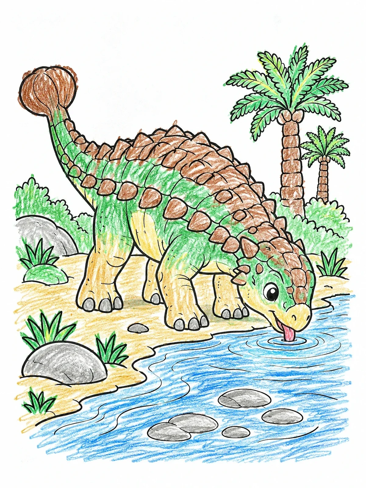 Colored example of the Cute Ankylosaurus Drinking At The Stream coloring page