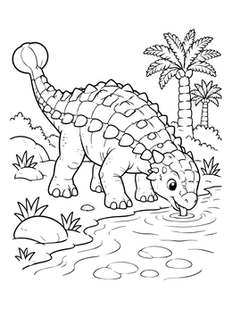 A friendly ankylosaurus coloring page showing the armored dinosaur drinking from a stream near palm trees.