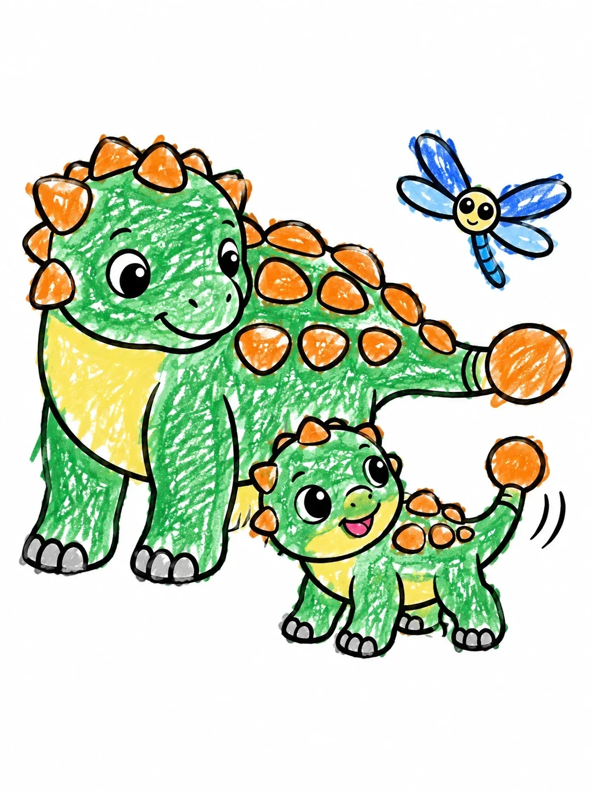 Colored example of the Cute Ankylosaurus Family And Dragonfly coloring page