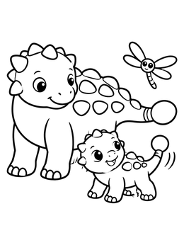 Free printable Cute Ankylosaurus Family And Dragonfly coloring page