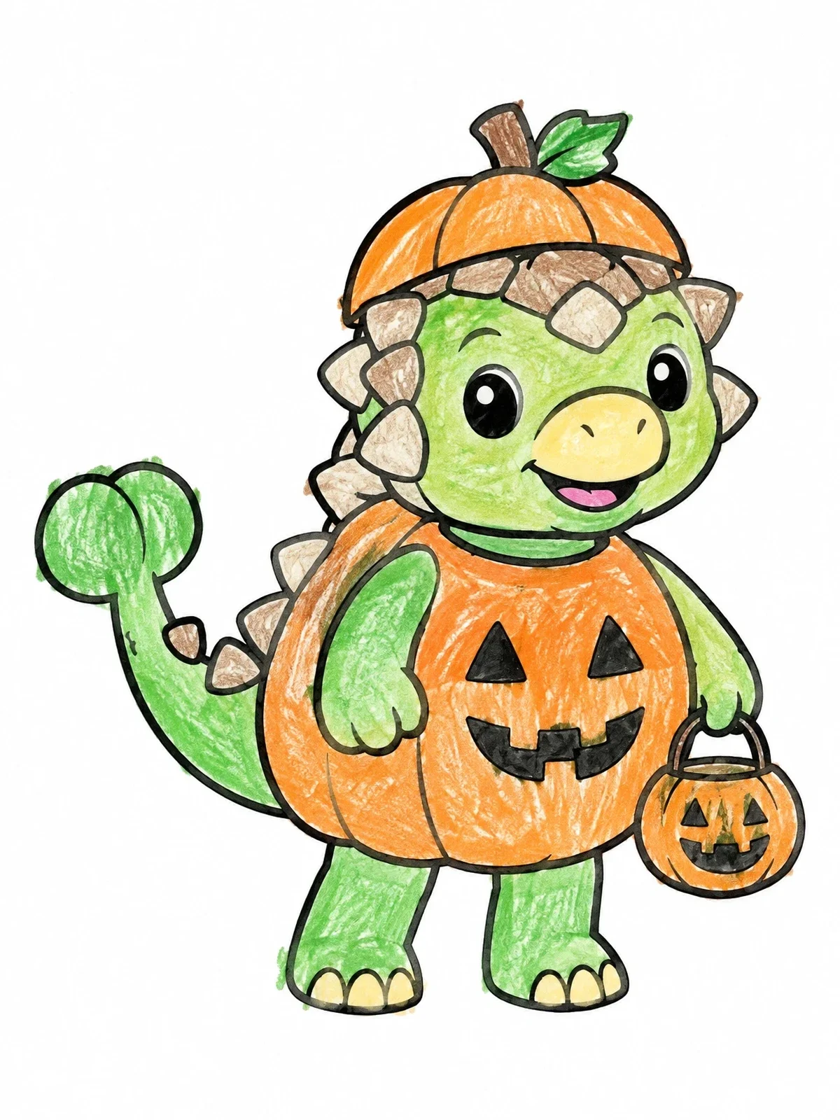 Colored example of the Cute Ankylosaurus In Pumpkin Costume coloring page