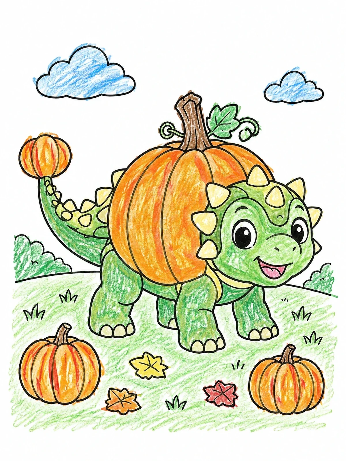 Colored example of the Cute Ankylosaurus Wearing A Pumpkin Costume coloring page