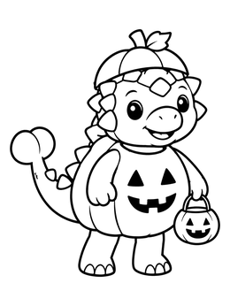 A friendly baby ankylosaurus coloring page featuring a pumpkin costume and candy bucket.