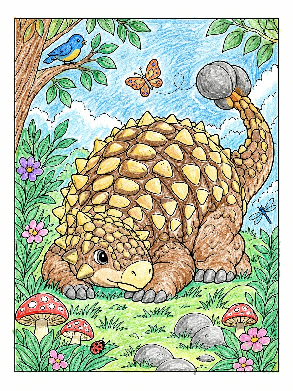 Colored example of the Cute Ankylosaurus Resting In Nature coloring page