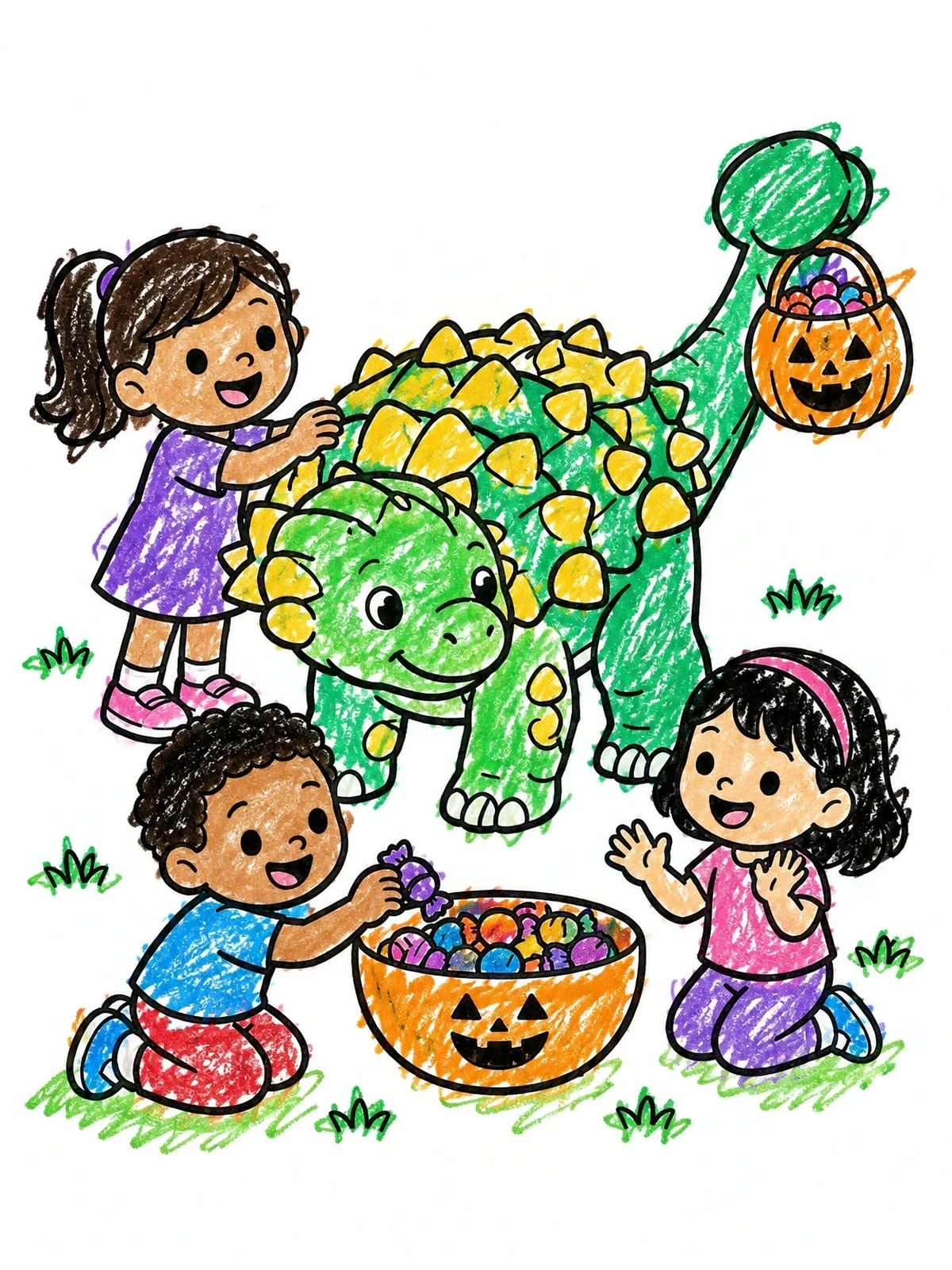 Colored example of the Cute Ankylosaurus Sharing Halloween Candy coloring page