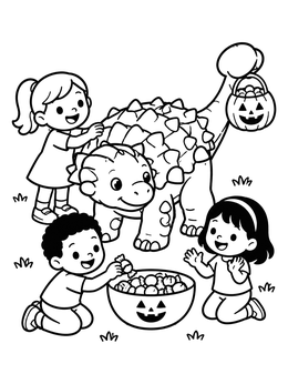 A friendly ankylosaurus joins children with treats in this halloween dinosaur coloring page.