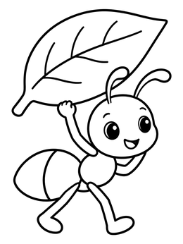 A cheerful cartoon ant coloring page showing an ant carrying a large leaf overhead.