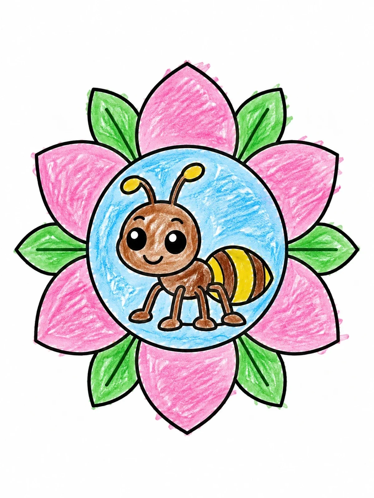 Colored example of the Cute Ant On Flower Mandala coloring page