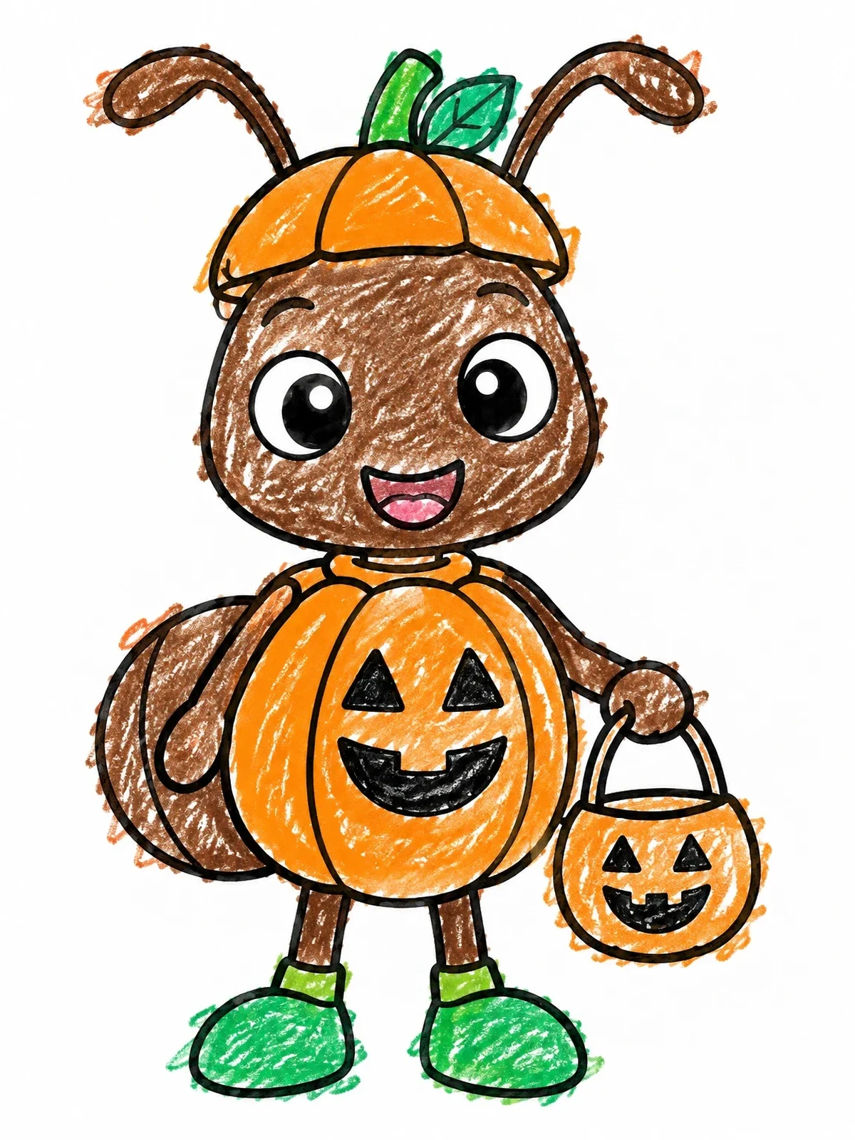 Colored example of the Cute Ant In Pumpkin Costume coloring page