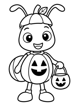 A cheerful ant coloring page showing an insect dressed in a pumpkin suit holding a candy bucket.