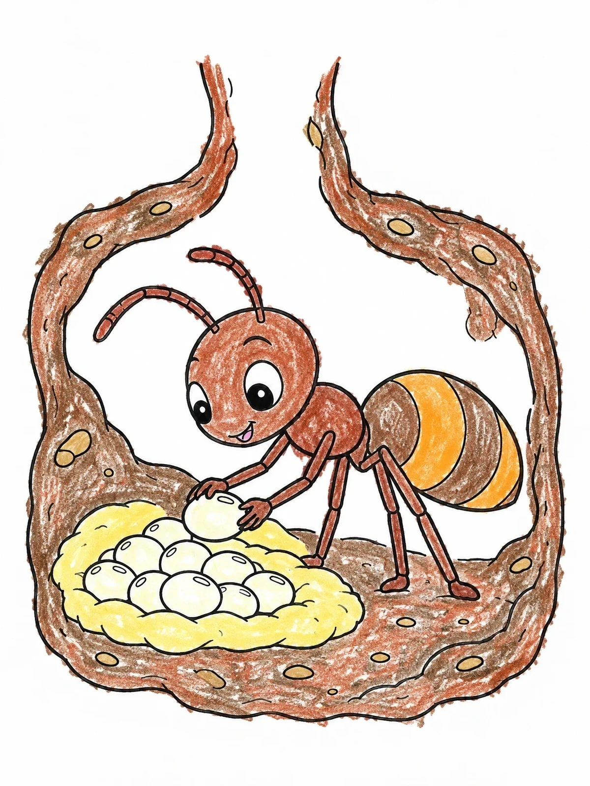 Colored example of the Cute Ant Tending Nursery Eggs coloring page