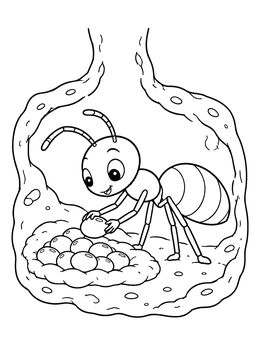A friendly ant caring for eggs in an underground chamber on this ant coloring page.