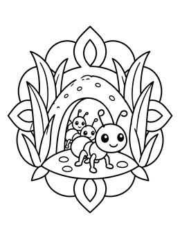 Cute little ants stepping out of their anthill home in an ant coloring page.