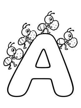 Four cute ants carry crumbs in this letter a coloring page.