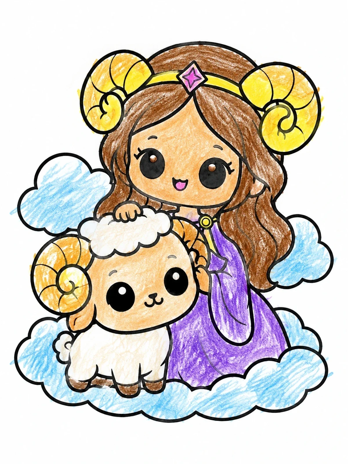 Colored example of the Cute Aries Maiden And Little Ram coloring page