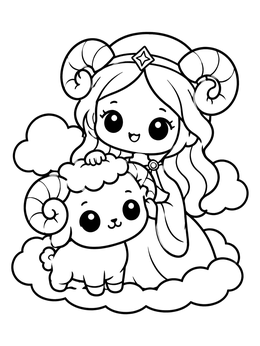 A sweet aries coloring page with a horned girl petting a baby ram in the clouds.
