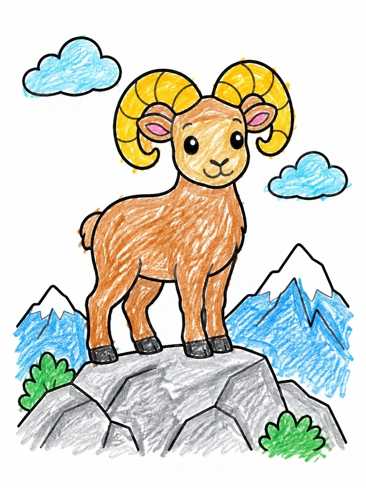 Colored example of the Cute Aries Ram On Mountain Peak coloring page
