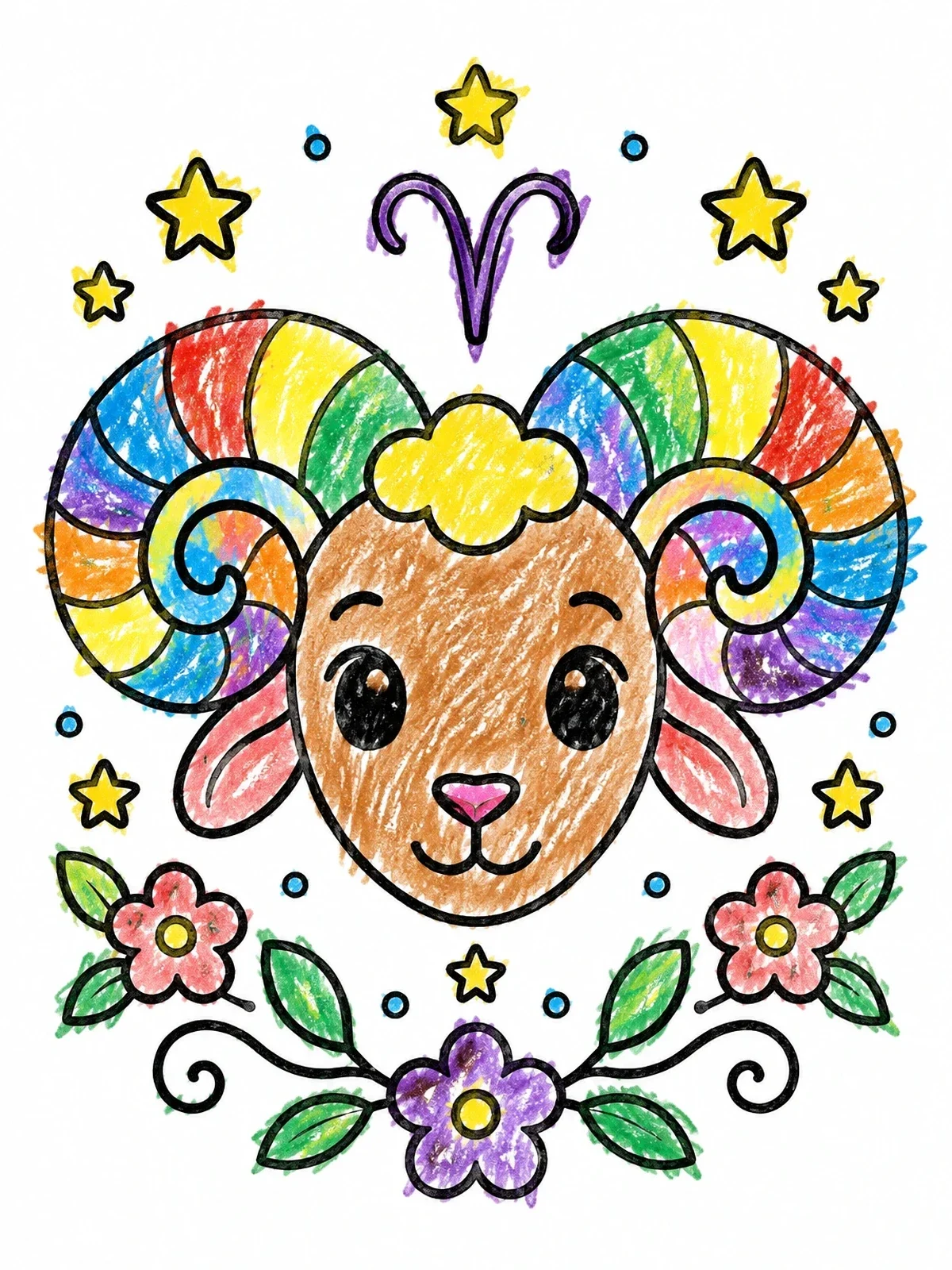 Colored example of the Cute Aries Ram With Stars coloring page