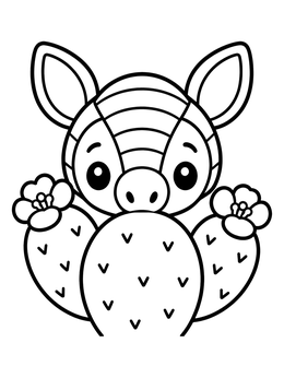 Free printable Cute Armadillo Behind Flowering Cactus coloring page