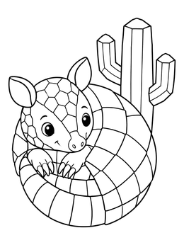 Free printable Cute Armadillo Curled By Cactus coloring page