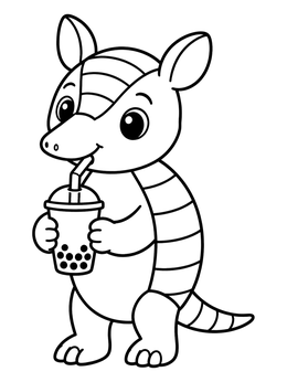 A cheerful cartoon armadillo coloring page showing the animal sipping bubble tea through a straw.