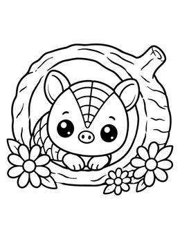 A cute cartoon armadillo coloring page showing the animal peeking out of a hollow log with flowers.