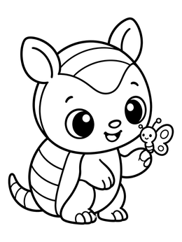 An adorable armadillo coloring page featuring a baby armadillo holding a tiny butterfly.